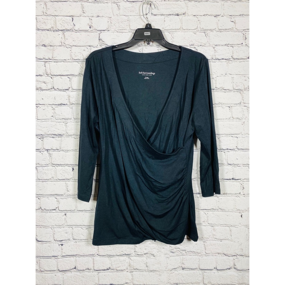 Soft Surroundings Top Womens Faux Wrap Surplice Teal XL Excellent Ruched Pleated